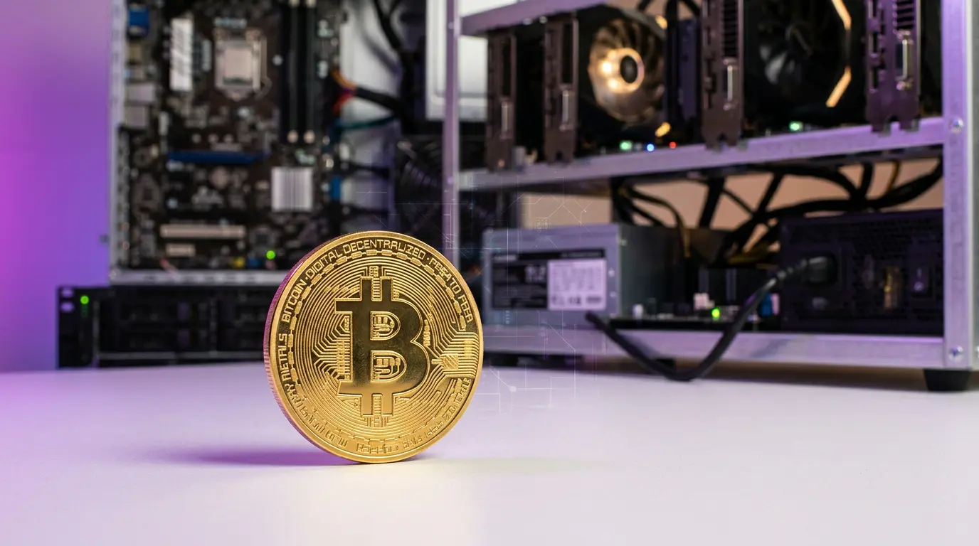 Bitcoin coin with mining hardware in studio lighting with purple gradient accents