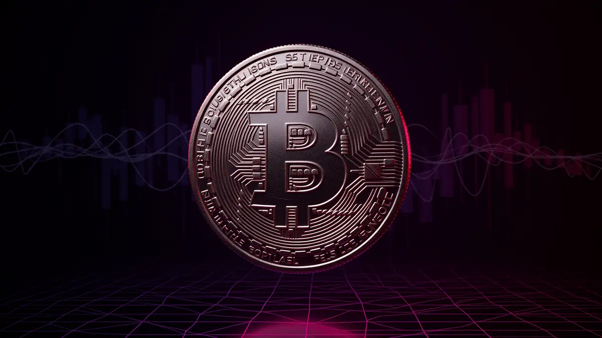 Bitcoin coin with purple magenta gradient lighting and digital grid backdrop representing market volatility