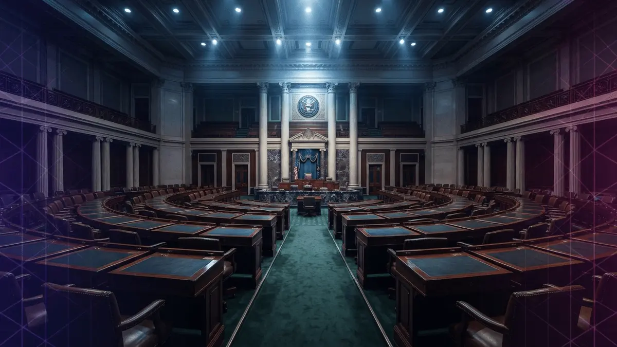 US Senate chamber interior with purple-magenta digital grid overlay representing crypto legislation debate